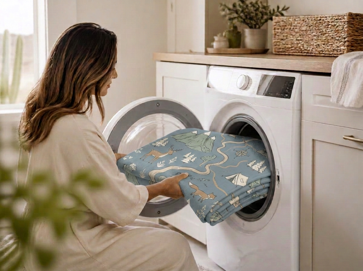 A Little Woven cotton rug going into the washing machine on wash day