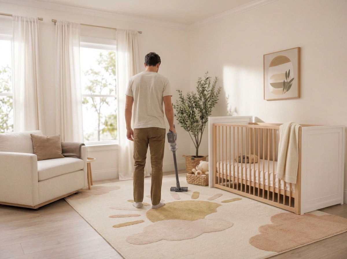 A man vacuuming a Sunny Days Little Woven rug in a bright nursery, seen from behind